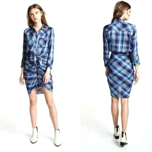 Veronica Beard Sierra Plaid Dress Size 2 Blue Copper Plaid Tie Front Long Sleeve - Picture 1 of 9